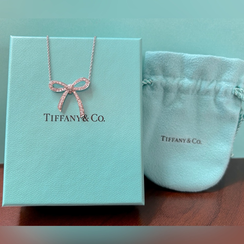 Tiffany & Co. Diamond Bow Necklace Pendant in Platinum PT950 (Larger Sz, 0.27CT)